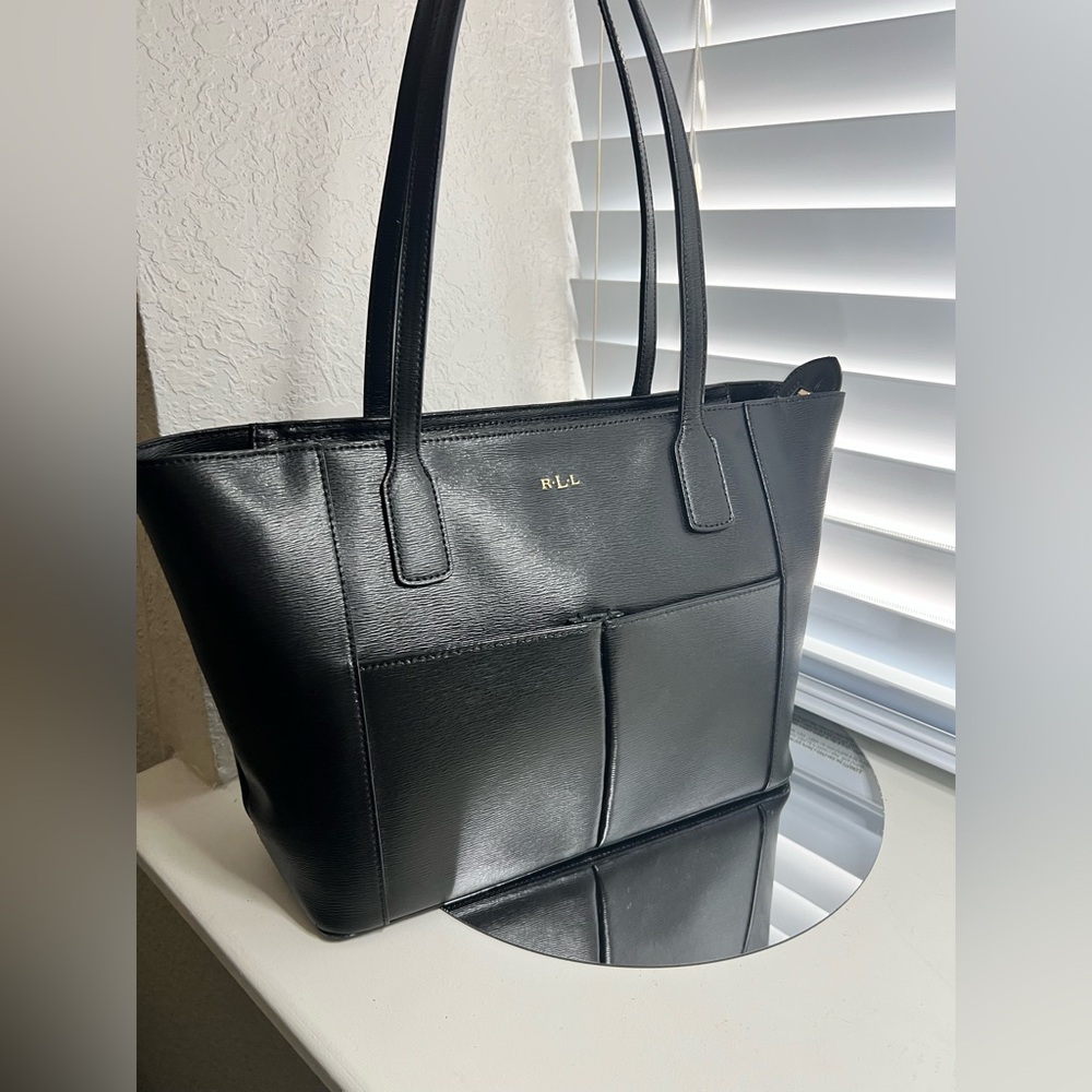 Lauren Ralph Lauren Black Smooth Tote with Front Pockets